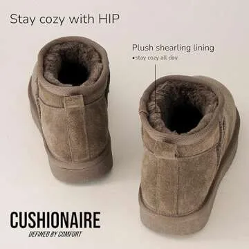 CUSHIONAIRE Women's Hip 2 Genuine Suede Ankle Snow Boots - Pull-On with Cozy Faux Shearling Lining, +Memory Foam, Slipper Boots, Taupe 7