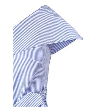 ROMWE Women's Elegant Slim Fit Striped Foldover One Shoulder Bow Tie Front Cap Sleeve Peplum Ruffle Top Shirt Blouse Petite Blue M=US 2