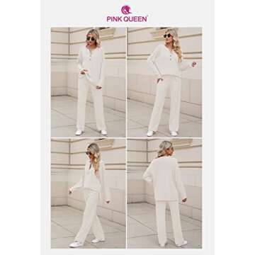 Pink Queen Women's 2 Piece Knit Sweatsuit Button Knit Pullover Sweater Top and Long Pants Sweatsuit Pajama Set Beige XL