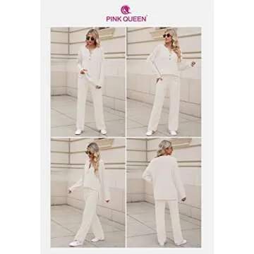 Pink Queen Women's 2 Piece Knit Sweatsuit Button Knit Pullover Sweater Top and Long Pants Sweatsuit Pajama Set Beige XL