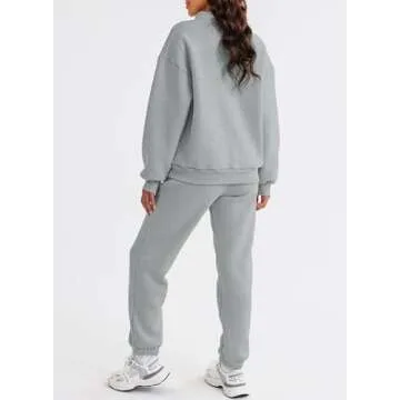 Aleumdr 2 Piece Sweatsuit Outfits for Women Jogging Sets Casual Long Sleeve Half Zip Pullover Drawstring Jogger Lounge Tracksuit Gray Large