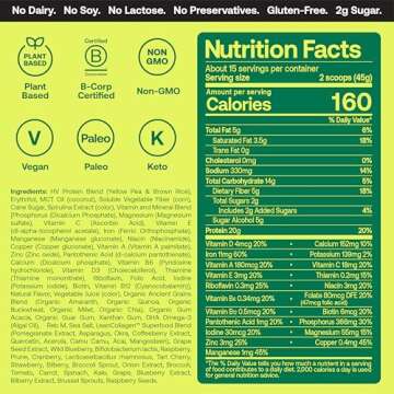 Happy Viking Greeña Colada Plant Protein Powder, Created by Venus Williams, 20G Protein, Low Carb, Keto, Vegan, Gluten-Free, Non-GMO, Superfoods, Complete Meal Replacement, 1 Canister (24 oz.)