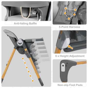 TODEFULL Foldable Baby Highchair, 3 in 1 High Chair for Babies and Toddlers, Portable Baby Chair w/Adjustable Height Seat & Recline & Footrest, Removable Double Tray, Baby Feeding Chair, Grey