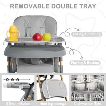 TODEFULL Foldable Baby Highchair, 3 in 1 High Chair for Babies and Toddlers, Portable Baby Chair w/Adjustable Height Seat & Recline & Footrest, Removable Double Tray, Baby Feeding Chair, Grey