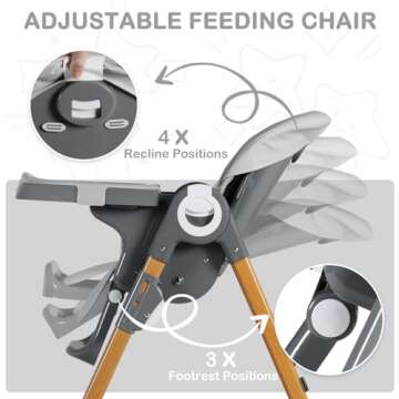 TODEFULL Foldable Baby Highchair, 3 in 1 High Chair for Babies and Toddlers, Portable Baby Chair w/Adjustable Height Seat & Recline & Footrest, Removable Double Tray, Baby Feeding Chair, Grey