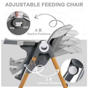 TODEFULL Foldable Baby Highchair, 3 in 1 High Chair for Babies and Toddlers, Portable Baby Chair w/Adjustable Height Seat & Recline & Footrest, Removable Double Tray, Baby Feeding Chair, Grey