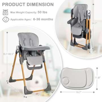 TODEFULL Foldable Baby Highchair, 3 in 1 High Chair for Babies and Toddlers, Portable Baby Chair w/Adjustable Height Seat & Recline & Footrest, Removable Double Tray, Baby Feeding Chair, Grey