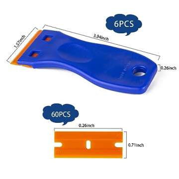 Plastic Razor Blade Scraper Tool, 6 Pcs Razor Scraper with 60 Pcs Plastic Blades, Cleaning Scraper R...