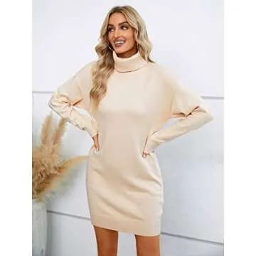 SENFURE Women Mini Sweater Dress Turtleneck Long Sleeve Sweater Knit Tunic Dress Pullover Sweater Dresses Apricot