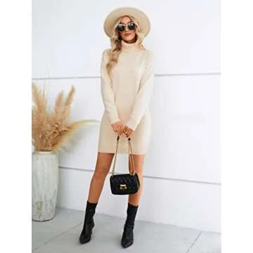 SENFURE Women Mini Sweater Dress Turtleneck Long Sleeve Sweater Knit Tunic Dress Pullover Sweater Dresses Apricot