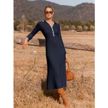 MEROKEETY Sweater Dress for Women Fall Button Down Collared Cozy Knit Solid Bodycon Cocktail Dresses, Navy, S