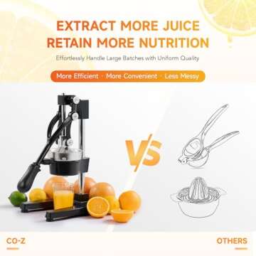 CO-Z Hand Press Juicer Machine, Manual Citrus Juicer for Lemon, Lime, Orange Juice - Professional Squeezer and Crusher, Easy to Clean, Black
