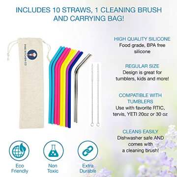 Reusable Silicone Drinking Straws - 12 Piece Eco-Friendly Set