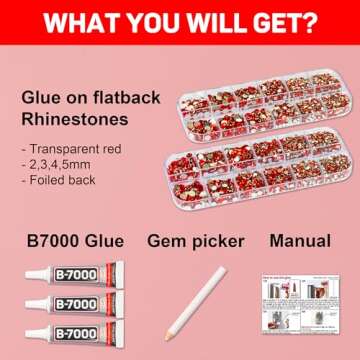 11000Pcs Red Rhinestones Kit with B7000 Glue for DIY Crafts, Nails, and Clothing Projects