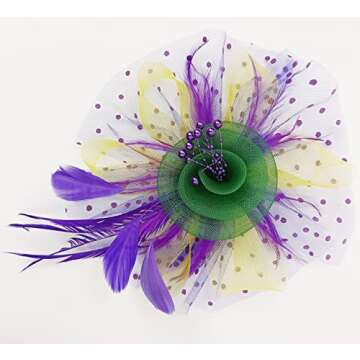 Bniksok Mardi Gras Fascinators for Women Tea Party Headband Wedding Cocktail Flower Mesh Feathers Hair Clip Purple Yellow Green Hair Accessories Halloween