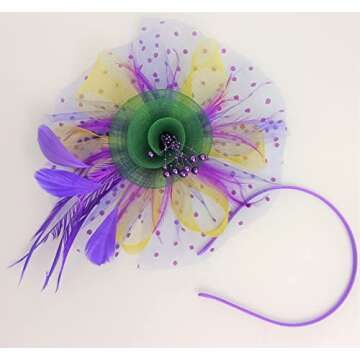 Bniksok Mardi Gras Fascinators for Women Tea Party Headband Wedding Cocktail Flower Mesh Feathers Hair Clip Purple Yellow Green Hair Accessories Halloween