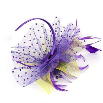 Bniksok Mardi Gras Fascinators for Women Tea Party Headband Wedding Cocktail Flower Mesh Feathers Hair Clip Purple Yellow Green Hair Accessories Halloween