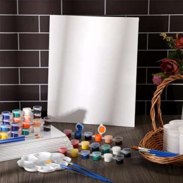 Qilery 12 Sets Acrylic Paint Kit 10 x 12 Inch Canvas Panels 12 Colors Acrylic Paint Strips Painting Brushes Palettes Art Set for Kids Adults Birthday Classroom Party Favors