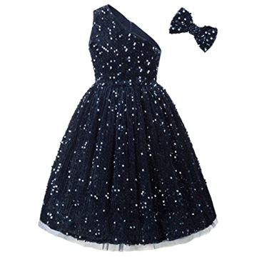 GRACE KARIN Girls Party Dress Sequin One Shoulder Wedding Holiday Pageant Gown Navy Blue 7Y
