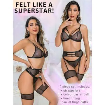 popiv Women's 4 Piece Lingerie Set with Garter Belt