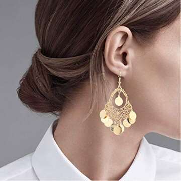 BaubleStar Gold Disc Earrings Chandelier Coin Dangle Tassel Earrings Vintage Bohemian Drop Fashion J...