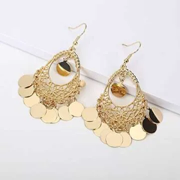 BaubleStar Gold Disc Chandelier Earrings for Women