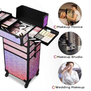 BYOOTIQUE Rolling Makeup Train Case 4in1 Cosmetic Trolley Organizer Travel Case Lockable Salon Barbe...