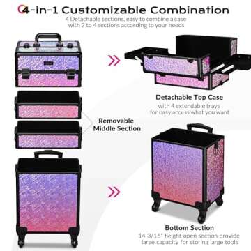 BYOOTIQUE Rolling Makeup Train Case 4in1 Cosmetic Trolley Organizer Travel Case Lockable Salon Barber Case Traveling Cart Trunk with Wheels for Makeup Artist Trave Nail, Mermaid Pink