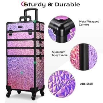 BYOOTIQUE Rolling Makeup Train Case 4in1 Cosmetic Trolley Organizer Travel Case Lockable Salon Barber Case Traveling Cart Trunk with Wheels for Makeup Artist Trave Nail, Mermaid Pink