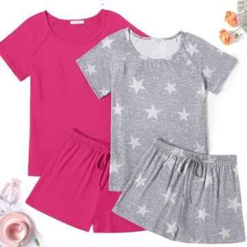 Ekouaer 2 Pack Pajamas Womens Short Sleeve Sleepwear Soft Crew Neck Pj Shorts Set Printed Loungewear...