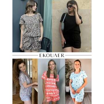 Ekouaer 2 Pack Pajamas Womens Short Sleeve Sleepwear Soft Crew Neck Pj Shorts Set Printed Loungewear Set with Pockets Star Print Rosy,Medium