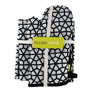 Premium Kitchen Combo 100% Cotton - Set of Apron, Oven Mitten, Pot Holder & Pair of Kitchen Towels for Gifting, Baking, Thanksgiving & Cooking | The Hive in Black Printed | Pack of 5