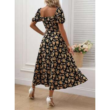 BLENCOT Summer Square Neck Floral Dresses for Womens Short Sleeve Casual Dress Split Thigh Tie Front...