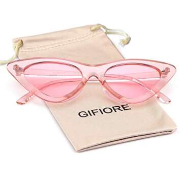 GIFIORE Retro Vintage Narrow Cat Eye Sunglasses for Women Clout Goggles Plastic Frame Cardi (Pink Frame Pink Lens, 51)