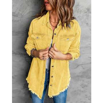 Vetinee Women's Western Jackets for Women Oversized Boyfriend Gold Front Button Up Frayed Raw Hem Long Sleeve Pockets Denim Jean Jacket Shacket Small Size 4 Size 6