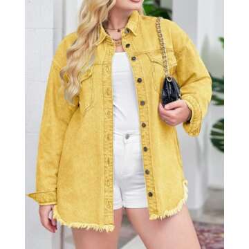 Vetinee Women's Western Jackets for Women Oversized Boyfriend Gold Front Button Up Frayed Raw Hem Long Sleeve Pockets Denim Jean Jacket Shacket Small Size 4 Size 6
