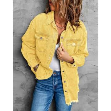 Vetinee Women's Western Jackets for Women Oversized Boyfriend Gold Front Button Up Frayed Raw Hem Long Sleeve Pockets Denim Jean Jacket Shacket Small Size 4 Size 6
