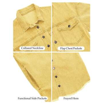 Vetinee Women's Western Jackets for Women Oversized Boyfriend Gold Front Button Up Frayed Raw Hem Long Sleeve Pockets Denim Jean Jacket Shacket Small Size 4 Size 6