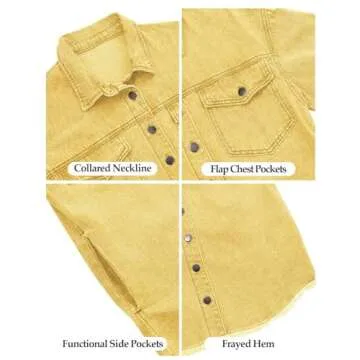 Vetinee Women's Western Jackets for Women Oversized Boyfriend Gold Front Button Up Frayed Raw Hem Long Sleeve Pockets Denim Jean Jacket Shacket Small Size 4 Size 6