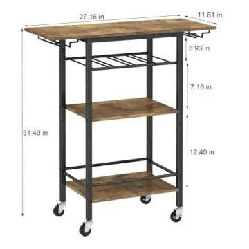 LAATOOREE Bar Cart, Home Bar Serving Cart, 3 Tier Mobile Drink Beverage Cart, Rolling Kitchen Shelf Cart with Wine and Glass Holders, for Dinning Room, Living Room, Kitchen