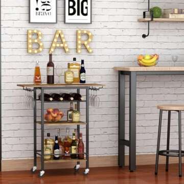 LAATOOREE Bar Cart, Home Bar Serving Cart, 3 Tier Mobile Drink Beverage Cart, Rolling Kitchen Shelf Cart with Wine and Glass Holders, for Dinning Room, Living Room, Kitchen