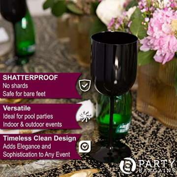 PARTY BARGAINS 12 oz Wine Goblets - Black, 10-Pack, Elegant Disposable Plastic Wine Glasses with Ste...