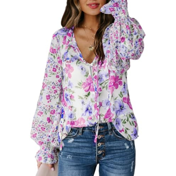 Biucly Womens Casual Floral Print Boho Clothes Loose Long Sleeve V Neck Button Down Shirts Tunic Spr...
