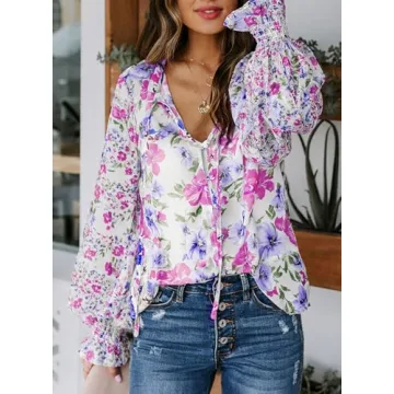 Biucly Womens Casual Floral Print Boho Clothes Loose Long Sleeve V Neck Button Down Shirts Tunic Spring Tops Blouses for Women Fashion 2025,US 4-6(S),Floral Rose