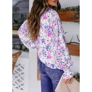 Biucly Womens Casual Floral Print Boho Clothes Loose Long Sleeve V Neck Button Down Shirts Tunic Spring Tops Blouses for Women Fashion 2025,US 4-6(S),Floral Rose