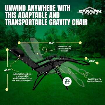 Caravan Sports Zero Gravity Outdoor Portable Folding Camping Lawn Deck Patio Pool Recliner Lounge Chair for Adults, Adjustable Headrest, Black