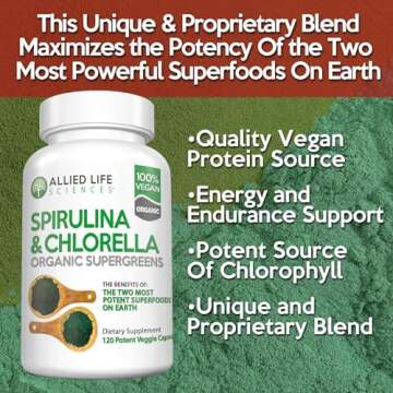 Allied Life Spirulina and Chlorella | Organic Chlorophyll Vegan Protein Powder Green Superfood | 120 Capsules