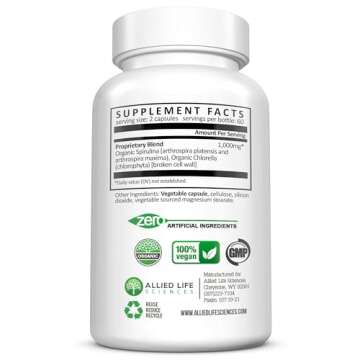 Allied Life Spirulina and Chlorella | Organic Chlorophyll Vegan Protein Powder Green Superfood | 120 Capsules