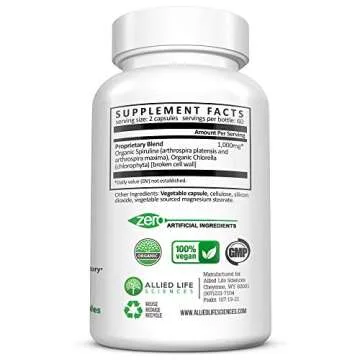 Allied Life Spirulina and Chlorella | Organic Chlorophyll Vegan Protein Powder Green Superfood | 120 Capsules