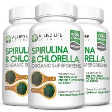 Allied Life Spirulina and Chlorella | Organic Chlorophyll Vegan Protein Powder Green Superfood | 120 Capsules